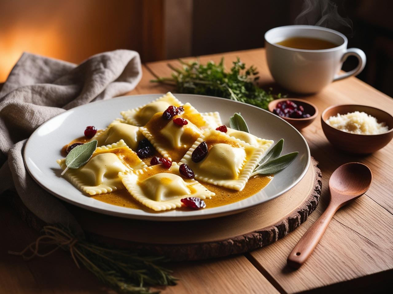 Homemade Ricotta Ravioli with Browned Butter Sauce & Dried Cranberries