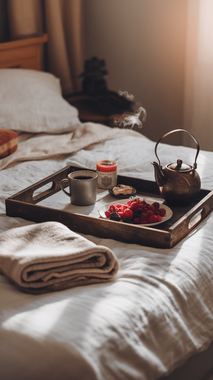 A beautiful wooden tray on a bed with a plate full of raspberries, a tea pot, and a mug full of warm tea