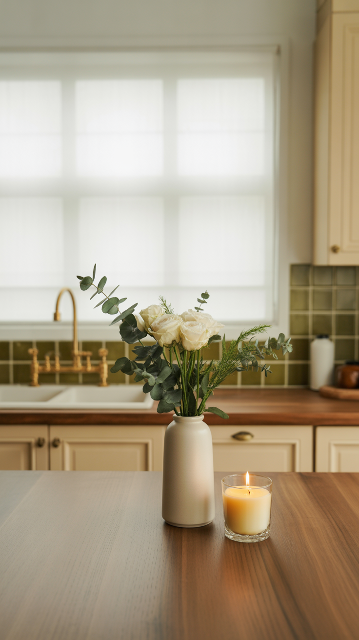 A vase with a lit candle sitting on top of a wooden counter in a kitchen